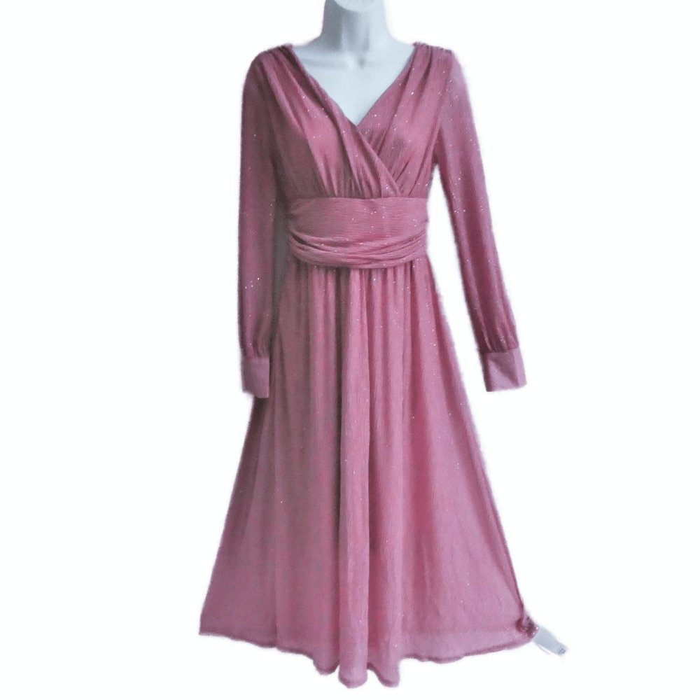 NEW Mauve Pink Sparkle Disco Midi Dress Ruched Surplice Long Sheer Sleeves S